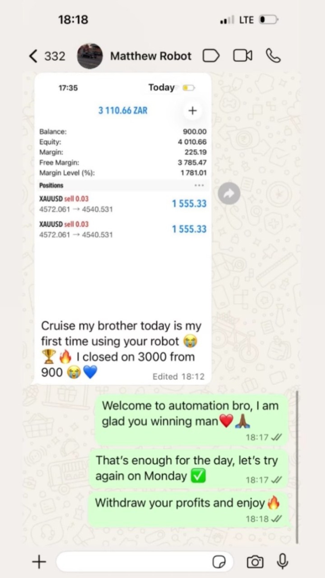 Profit Executer PRO live client result