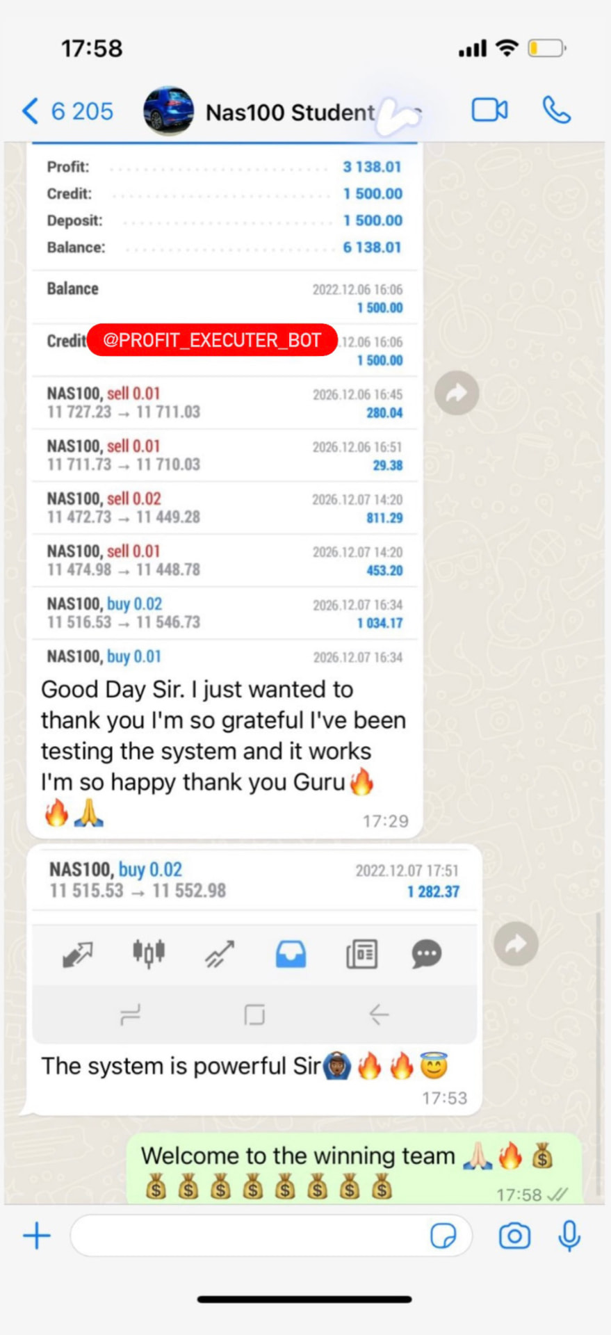 Profit Executer PRO live client result