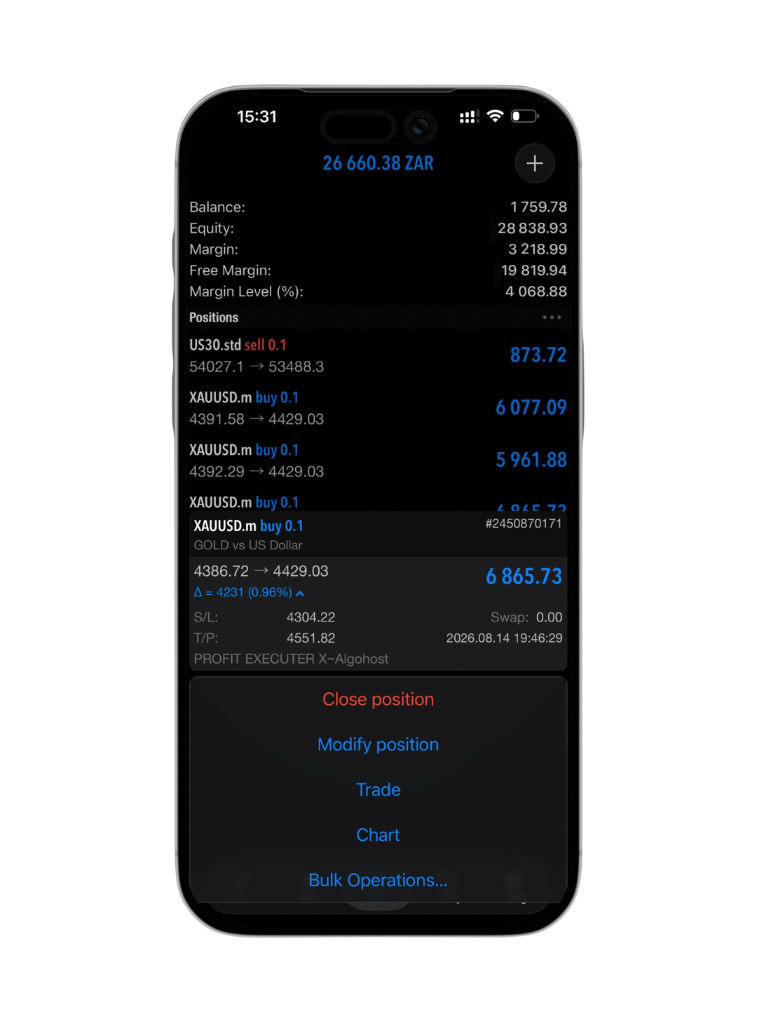 Profit Executer PRO live winning positions on MetaTrader mobile